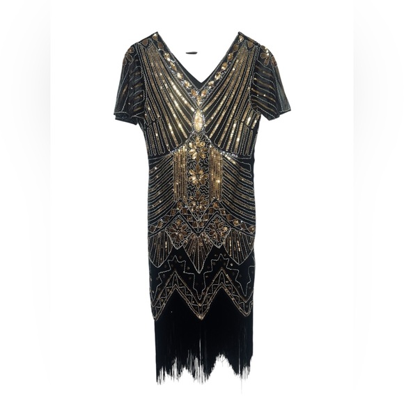 Great Gatsby Flapper 20s Black Gold Sequined Design Fringe Hemline MIDI Dress Sm - Picture 1 of 11